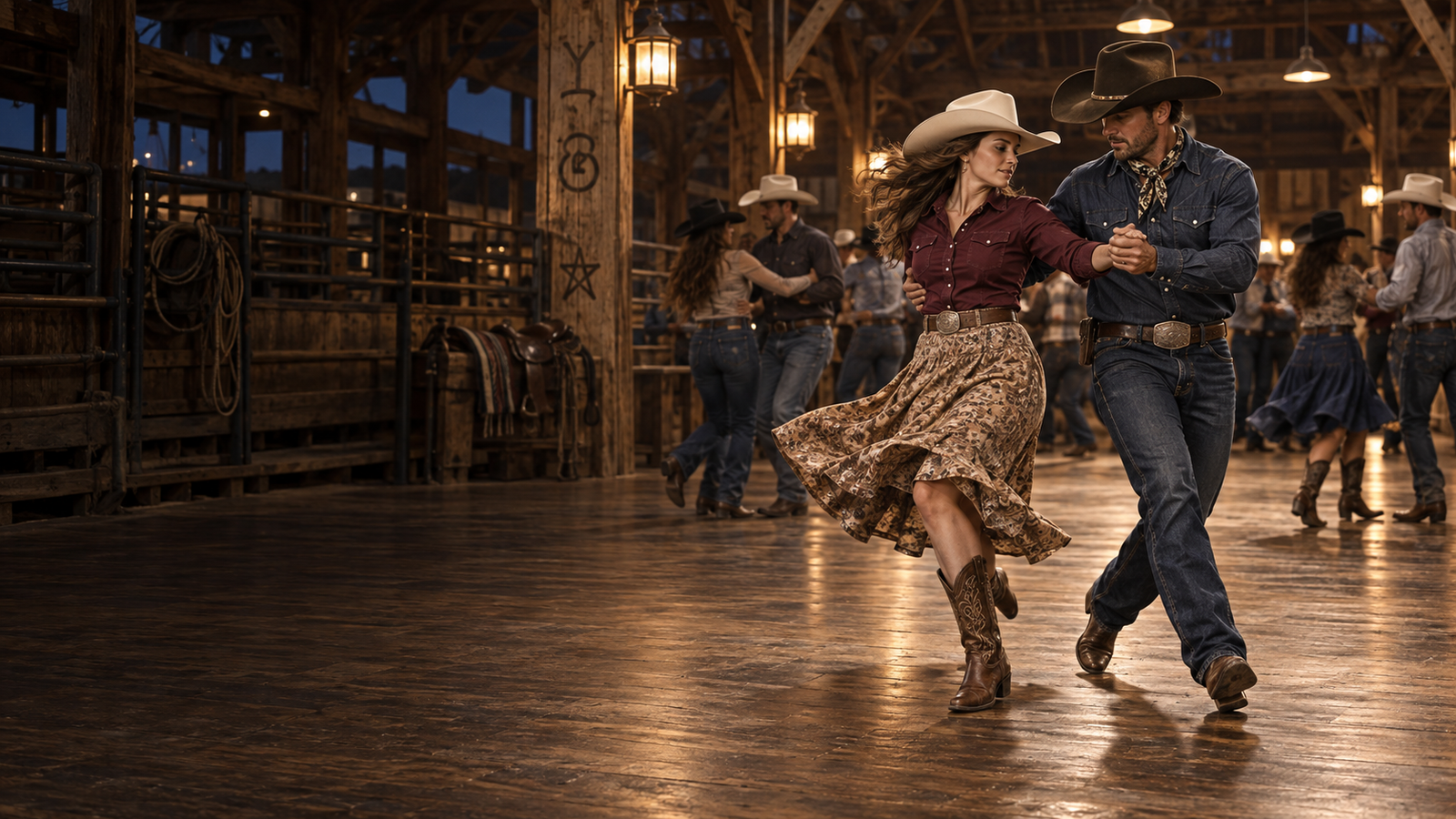 Cowboy partners dancing in a working barn