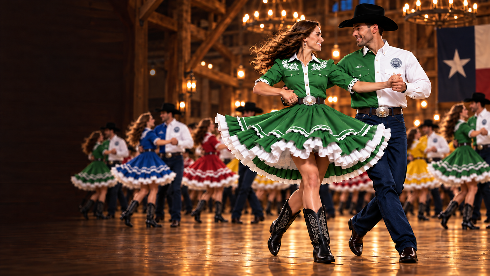 Cowboy Squares competition teams dancing in a Fort Worth dance hall